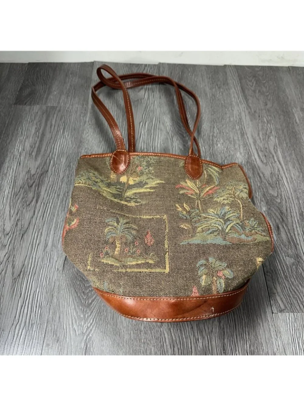 Tommy Bahama Vintage Handmade Tropical Palm Trees Canvas Round Leather Bag